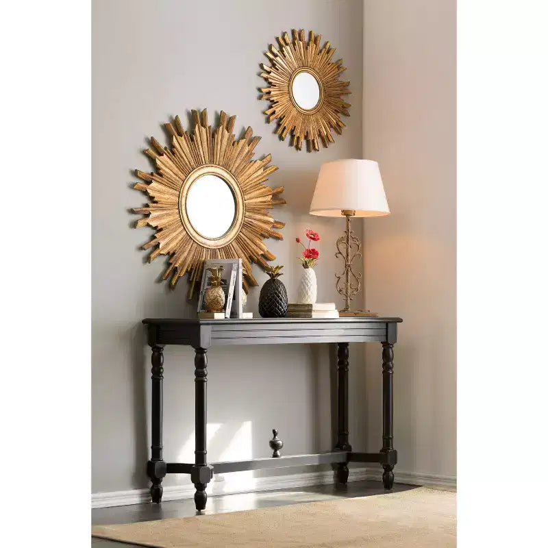 Espejo de pared redondo de madera con diseño de rayos de sol, de 35.5", acabado dorado, acento ecléctico para el recibidor, compuesto de MDF
