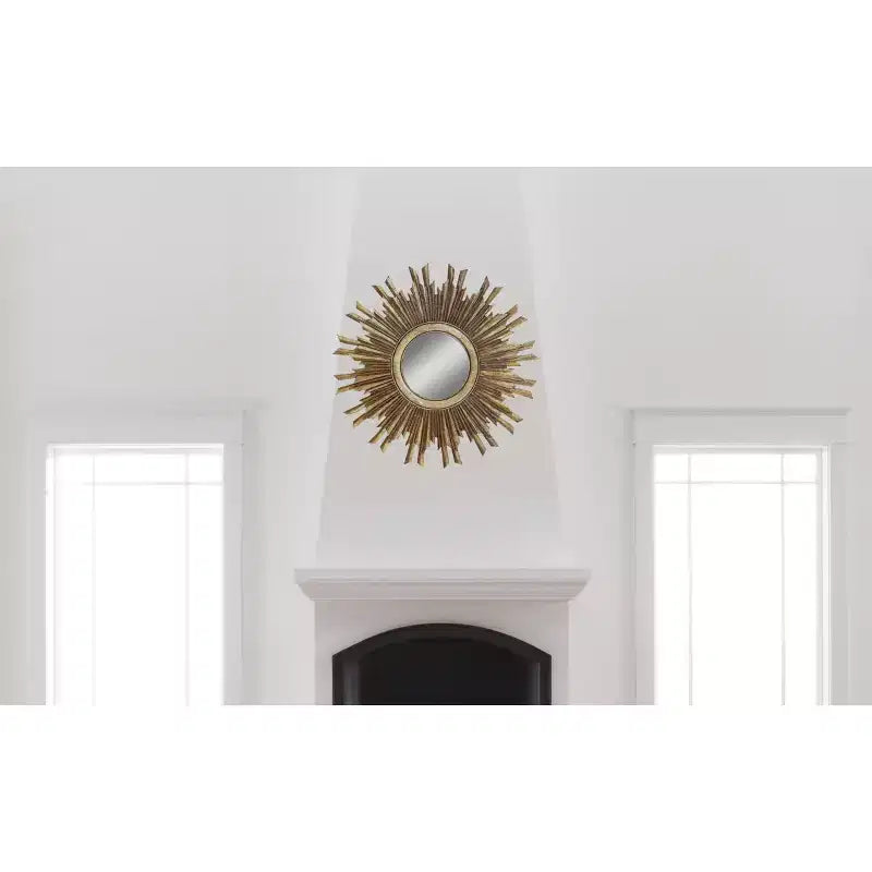 Espejo de pared redondo de madera con diseño de rayos de sol, de 35.5", acabado dorado, acento ecléctico para el recibidor, compuesto de MDF