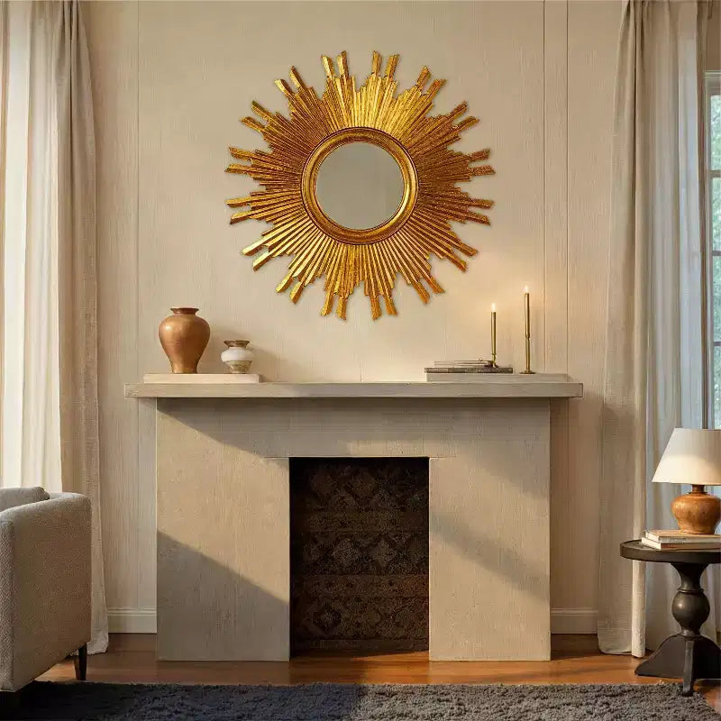 Espejo de pared redondo de madera con diseño de rayos de sol, de 35.5", acabado dorado, acento ecléctico para el recibidor, compuesto de MDF