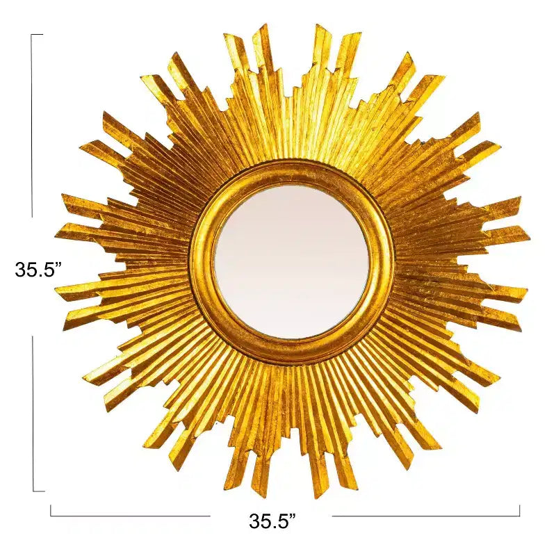 Espejo de pared redondo de madera con diseño de rayos de sol, de 35.5", acabado dorado, acento ecléctico para el recibidor, compuesto de MDF