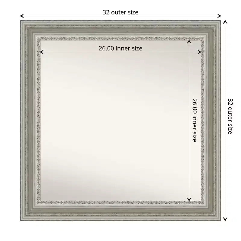 Miroir mural carré argenté moderne pour salon ou salle de bain, sans biseau, 32" x 32", cadre, fixation murale, quincaillerie incluse