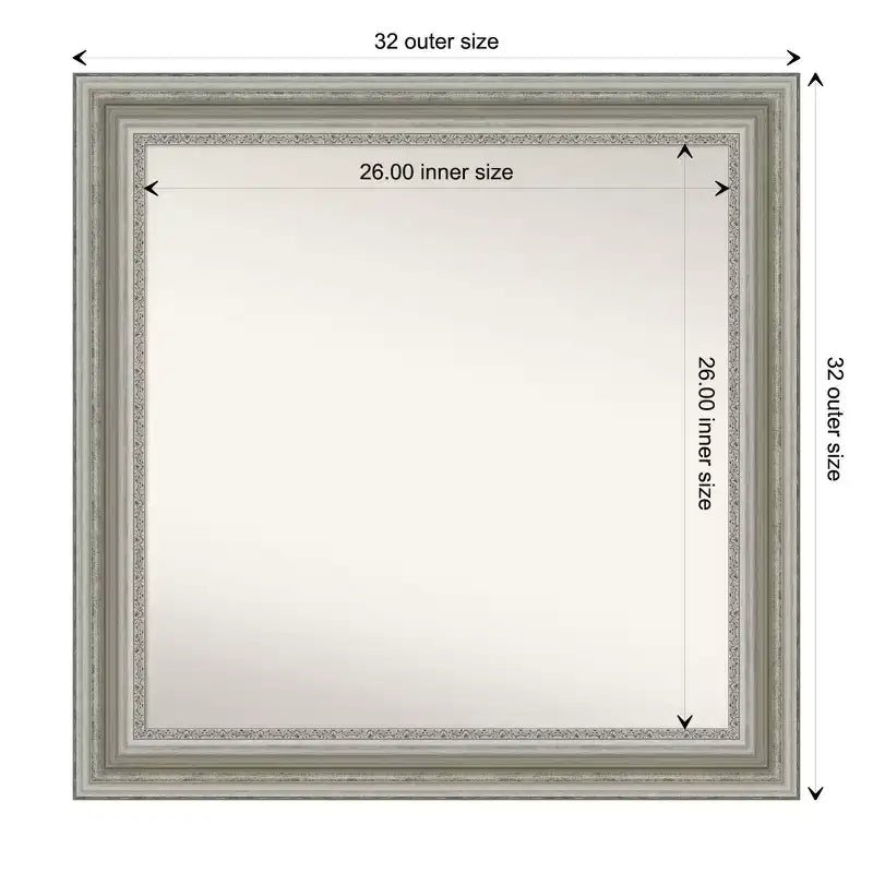 Miroir mural carré argenté moderne pour salon ou salle de bain, sans biseau, 32" x 32", cadre, fixation murale, quincaillerie incluse