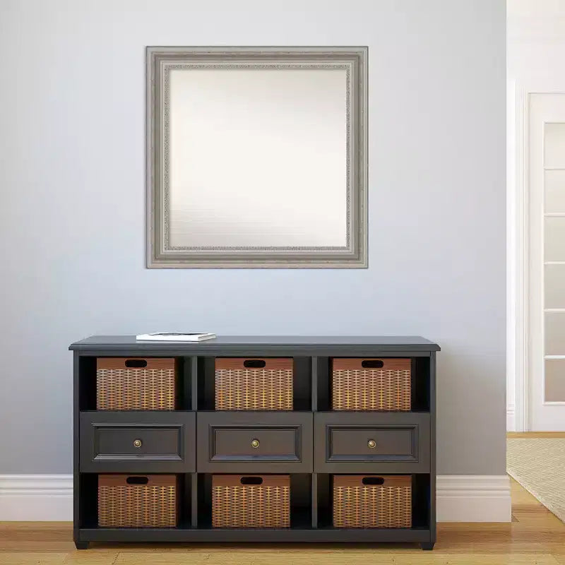Miroir mural carré argenté moderne pour salon ou salle de bain, sans biseau, 32" x 32", cadre, fixation murale, quincaillerie incluse