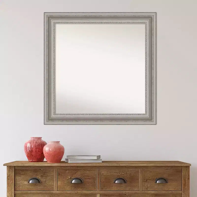 Miroir mural carré argenté moderne pour salon ou salle de bain, sans biseau, 32" x 32", cadre, fixation murale, quincaillerie incluse