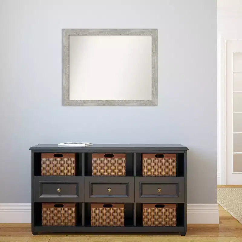 Espejo de pared estrecho gris paloma lavado, sin bisel, de 32" x 26", rectangular moderno, incluye herrajes de montaje