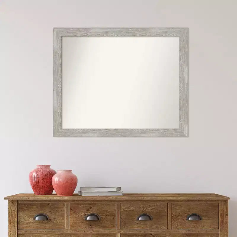 Espejo de pared estrecho gris paloma lavado, sin bisel, de 32" x 26", rectangular moderno, incluye herrajes de montaje