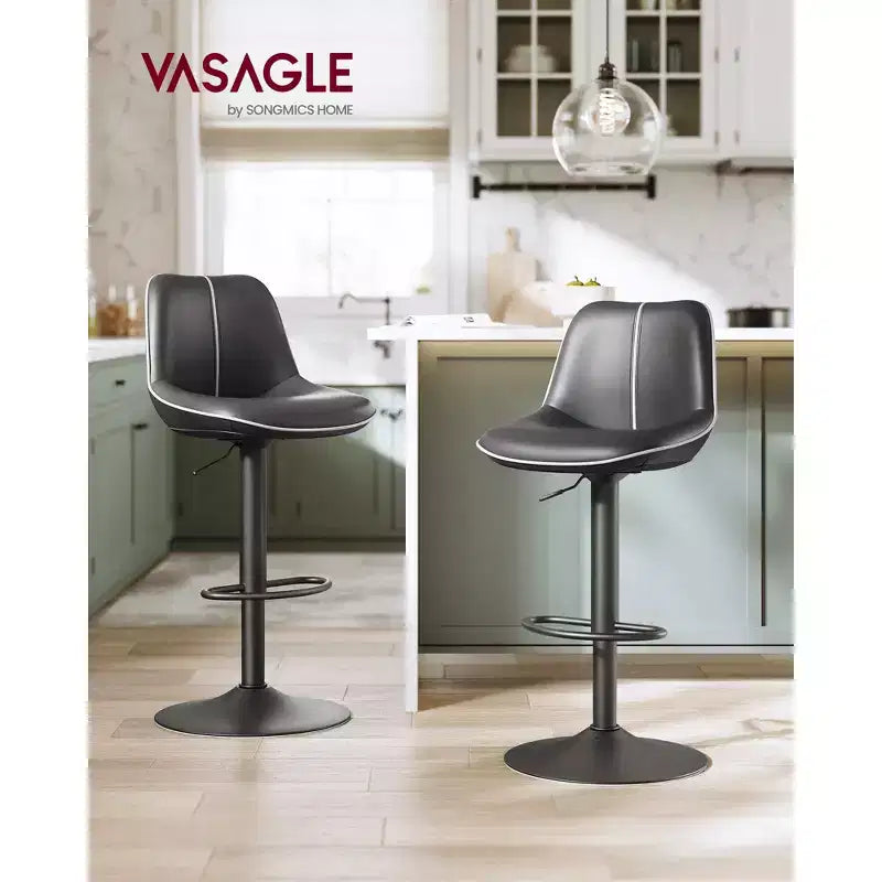 Juego de 2 taburetes de bar, altura ajustable y giratorios, con respaldo ergonómico, cuero sintético, sillas altas de bar modernas