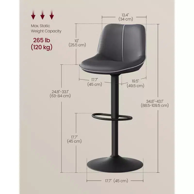Juego de 2 taburetes de bar, altura ajustable y giratorios, con respaldo ergonómico, cuero sintético, sillas altas de bar modernas