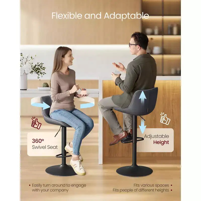 Juego de 2 taburetes de bar, altura ajustable y giratorios, con respaldo ergonómico, cuero sintético, sillas altas de bar modernas
