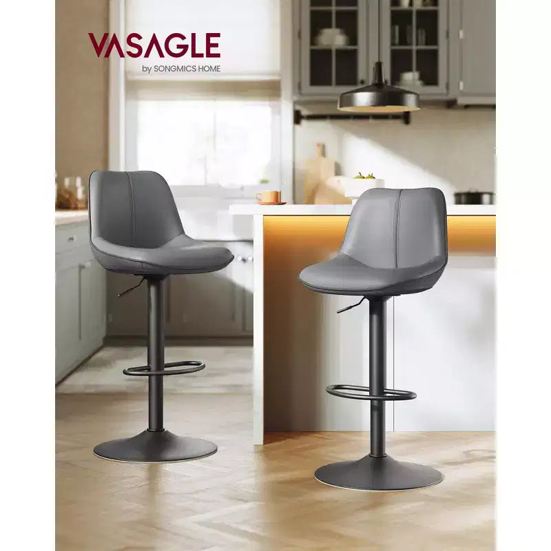 Juego de 2 taburetes de bar, altura ajustable y giratorios, con respaldo ergonómico, cuero sintético, sillas altas de bar modernas