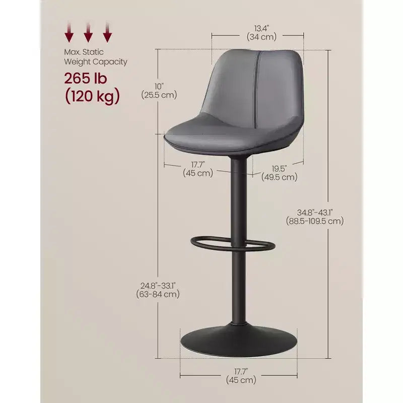 Juego de 2 taburetes de bar, altura ajustable y giratorios, con respaldo ergonómico, cuero sintético, sillas altas de bar modernas