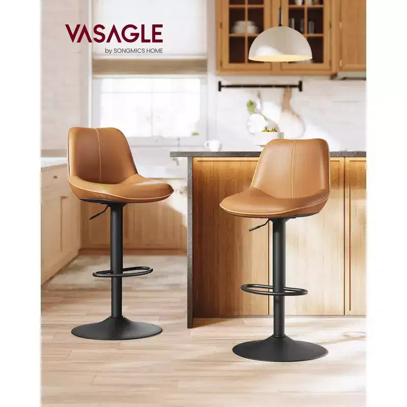 Juego de 2 taburetes de bar, altura ajustable y giratorios, con respaldo ergonómico, cuero sintético, sillas altas de bar modernas