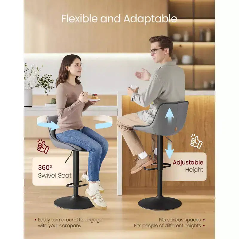 Juego de 2 taburetes de bar, altura ajustable y giratorios, con respaldo ergonómico, cuero sintético, sillas altas de bar modernas