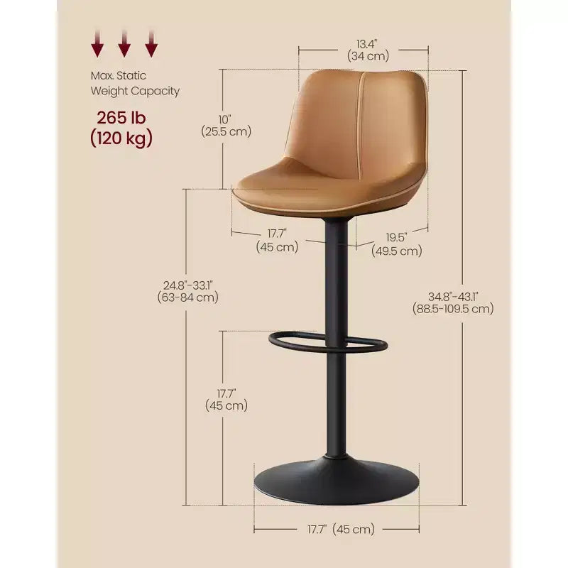 Juego de 2 taburetes de bar, altura ajustable y giratorios, con respaldo ergonómico, cuero sintético, sillas altas de bar modernas