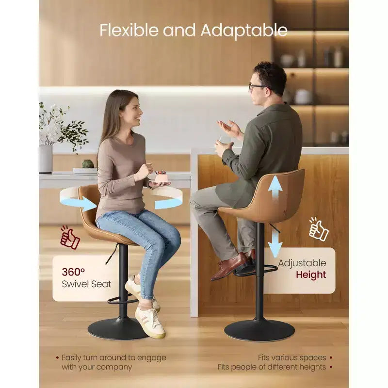 Juego de 2 taburetes de bar, altura ajustable y giratorios, con respaldo ergonómico, cuero sintético, sillas altas de bar modernas