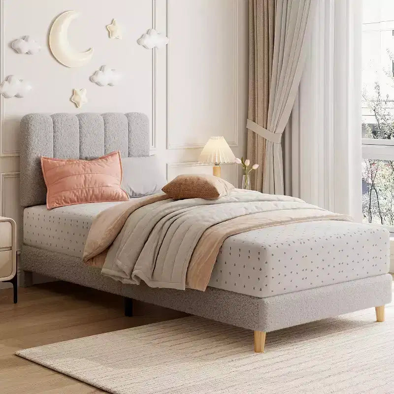 Cadre de lit plateforme simple, tête de lit rembourrée et douce, lattes en bois, sommier inutile, sans bruit, mobilier de chambre