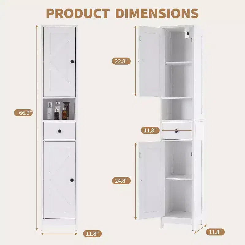 Armoire de salle de bain haute et étroite, petit meuble de rangement mince de 66,9 pour les petits espaces, organisateur autoportant résistant à l’eau pour la salle de bain et la cuisine