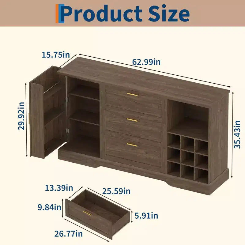 Sideboard im Landhausstil, 63 Inch, mit Schublade, verstellbaren Einlegeböden und Weinregalen, für Küche und Zuhause
