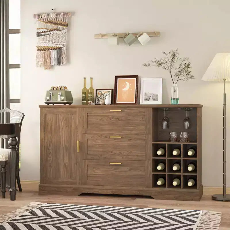 Aparador de estilo rústico de granja de 63 pulgadas, cajón, estantes ajustables, almacenamiento para botellas de vino, para cocina y hogar