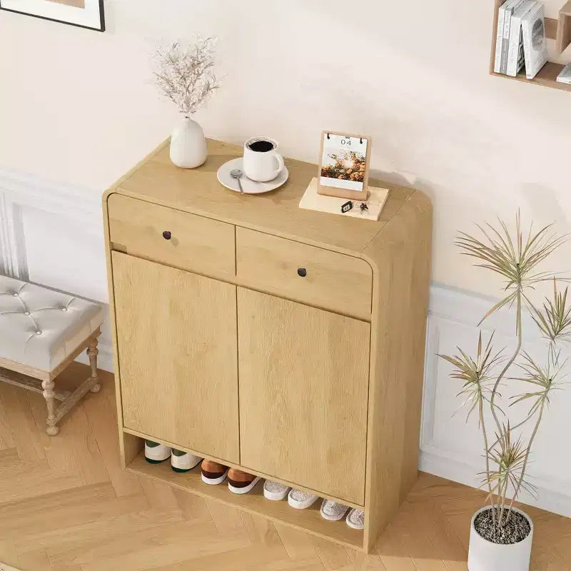 Zapatero de madera con 2 cajones y estante abierto, organizador de almacenamiento para la entrada con puertas, zapatero moderno y estrecho para pasillo o dormitorio