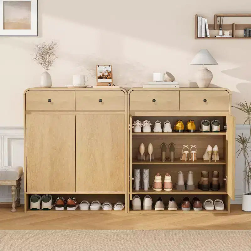 Zapatero de madera con 2 cajones y estante abierto, organizador de almacenamiento para la entrada con puertas, zapatero moderno y estrecho para pasillo o dormitorio