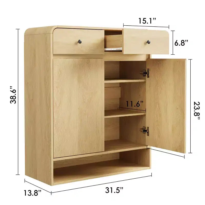 Zapatero de madera con 2 cajones y estante abierto, organizador de almacenamiento para la entrada con puertas, zapatero moderno y estrecho para pasillo o dormitorio