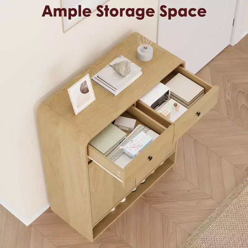 Zapatero de madera con 2 cajones y estante abierto, organizador de almacenamiento para la entrada con puertas, zapatero moderno y estrecho para pasillo o dormitorio