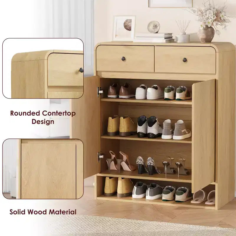 Zapatero de madera con 2 cajones y estante abierto, organizador de almacenamiento para la entrada con puertas, zapatero moderno y estrecho para pasillo o dormitorio