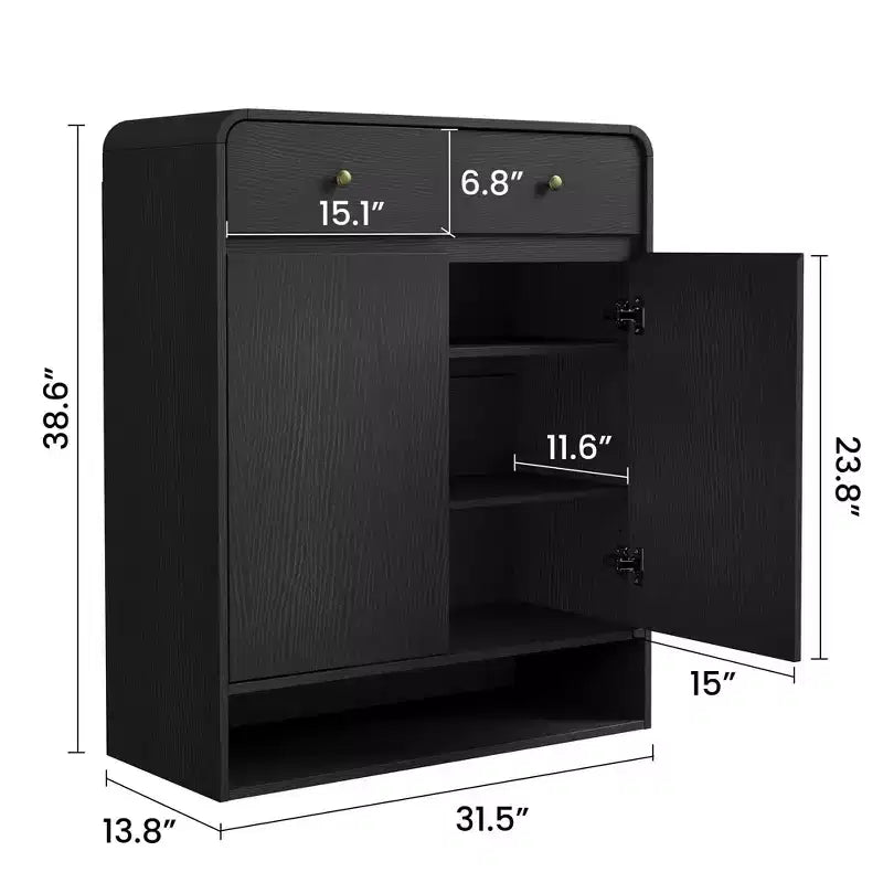 Schuhschrank aus Holz mit 2 Schubladen und offenem Ablagefach, Schuh-Organizer für den Eingangsbereich mit Türen, modernes schmales Schuhregal für Flur und Schlafzimmer