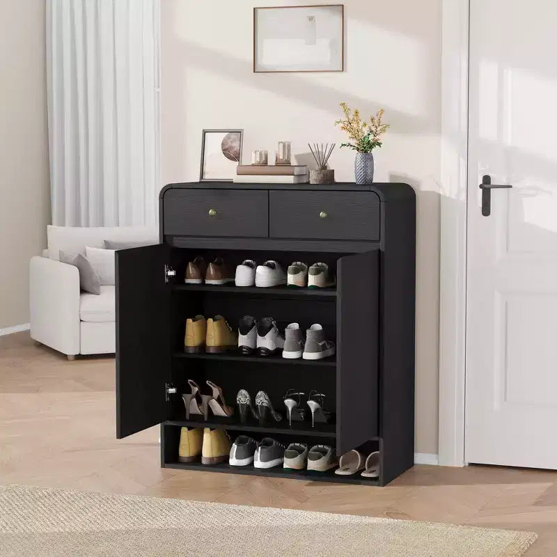 Zapatero de madera con 2 cajones y estante abierto, organizador de almacenamiento para la entrada con puertas, zapatero moderno y estrecho para pasillo o dormitorio