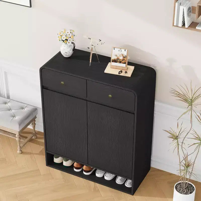 Schuhschrank aus Holz mit 2 Schubladen und offenem Ablagefach, Schuh-Organizer für den Eingangsbereich mit Türen, modernes schmales Schuhregal für Flur und Schlafzimmer
