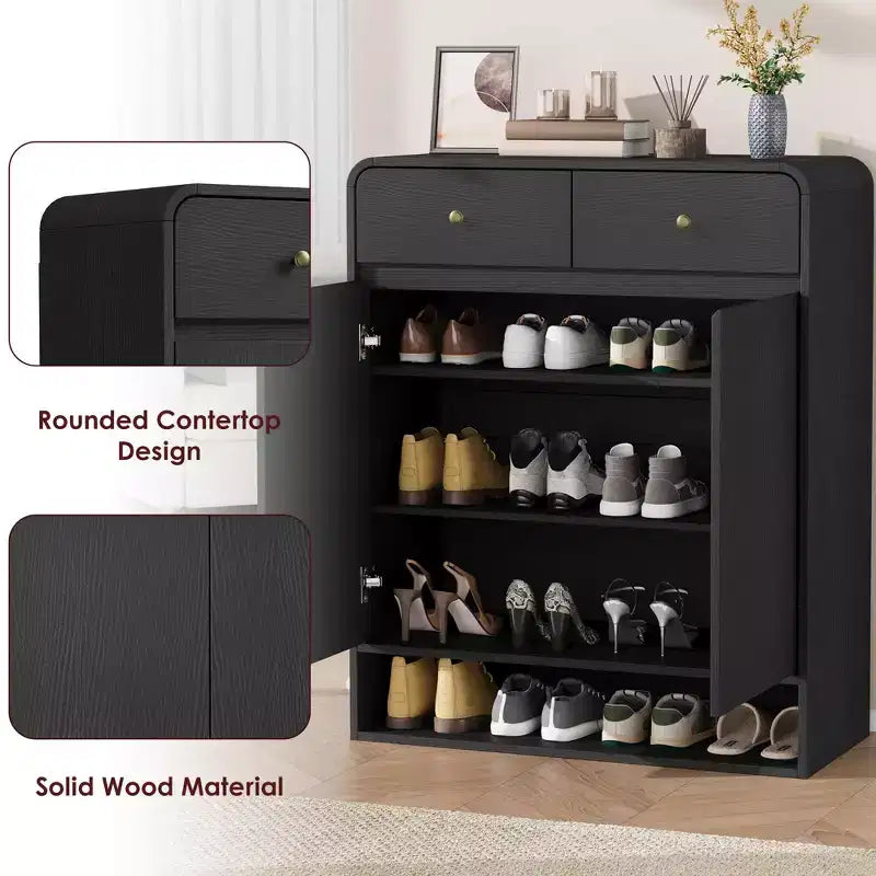 Zapatero de madera con 2 cajones y estante abierto, organizador de almacenamiento para la entrada con puertas, zapatero moderno y estrecho para pasillo o dormitorio