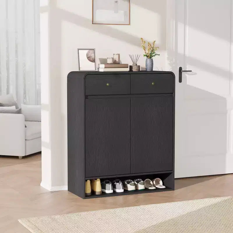 Wood Shoe Cabinet with 2 Drawers & Open Shelf, Entryway Shoe Storage Organizer with Doors, Modern Narrow Shoe Rack for Hallway, Bedroom