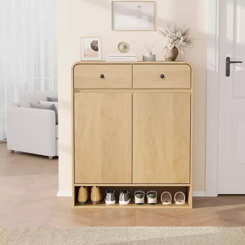 Schuhschrank aus Holz mit 2 Schubladen und offenem Ablagefach, Schuh-Organizer für den Eingangsbereich mit Türen, modernes schmales Schuhregal für Flur und Schlafzimmer