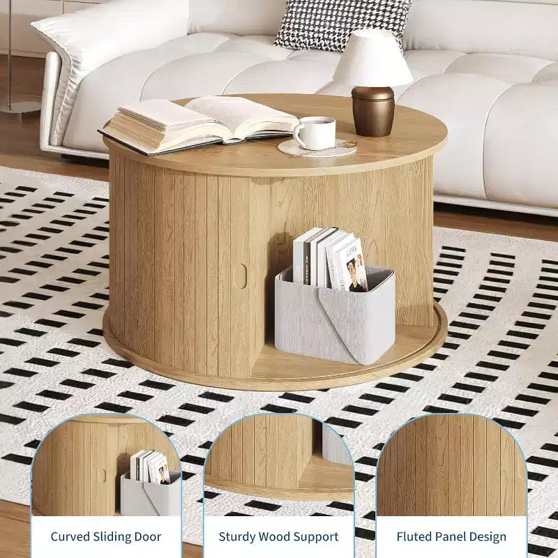 Mesa de centro redonda moderna de madera acanalada de 28, con almacenamiento, puerta corrediza curva, estante abierto, mesa auxiliar que ahorra espacio para sala de estar