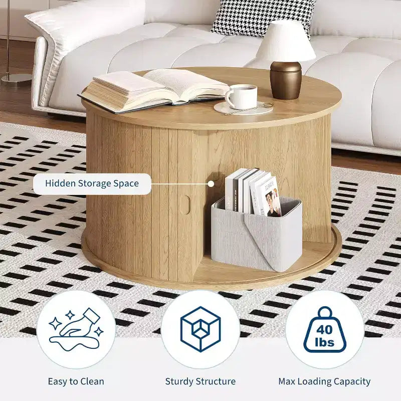 Mesa de centro redonda moderna de madera acanalada de 28, con almacenamiento, puerta corrediza curva, estante abierto, mesa auxiliar que ahorra espacio para sala de estar