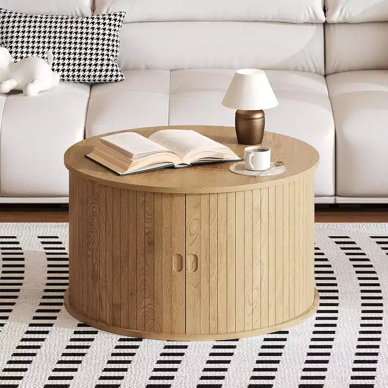 Mesa de centro redonda moderna de madera acanalada de 28, con almacenamiento, puerta corrediza curva, estante abierto, mesa auxiliar que ahorra espacio para sala de estar