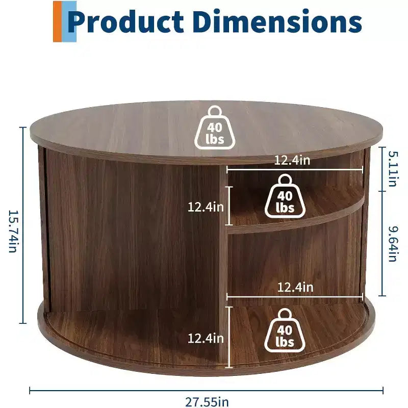 Mesa de centro redonda moderna de madera acanalada de 28, con almacenamiento, puerta corrediza curva, estante abierto, mesa auxiliar que ahorra espacio para sala de estar