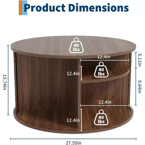 Table basse ronde moderne en bois cannelé de 28 pouces avec rangement, porte coulissante incurvée, étagère ouverte, table d’appoint peu encombrante pour le salon