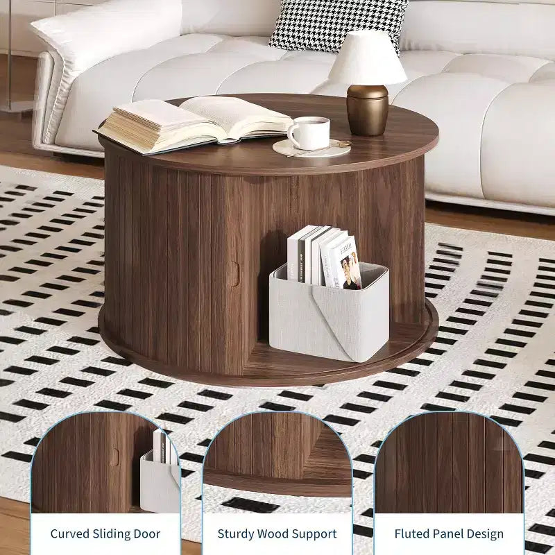 Mesa de centro redonda moderna de madera acanalada de 28, con almacenamiento, puerta corrediza curva, estante abierto, mesa auxiliar que ahorra espacio para sala de estar
