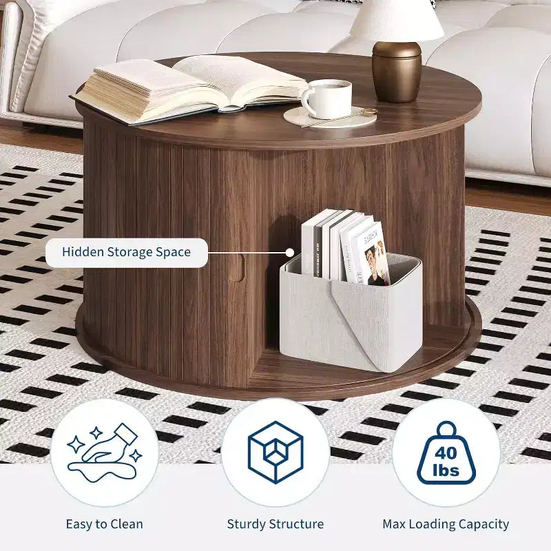 Mesa de centro redonda moderna de madera acanalada de 28, con almacenamiento, puerta corrediza curva, estante abierto, mesa auxiliar que ahorra espacio para sala de estar