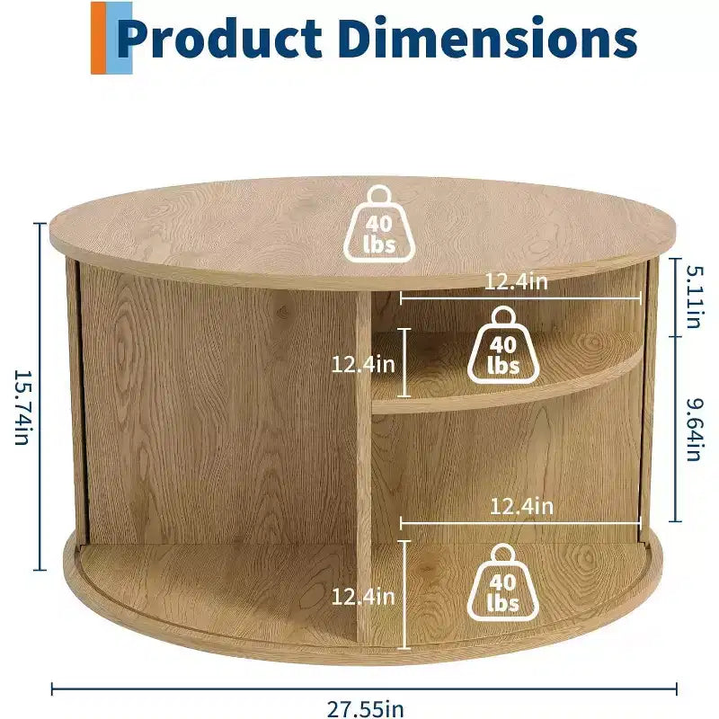 Mesa de centro redonda moderna de madera acanalada de 28, con almacenamiento, puerta corrediza curva, estante abierto, mesa auxiliar que ahorra espacio para sala de estar