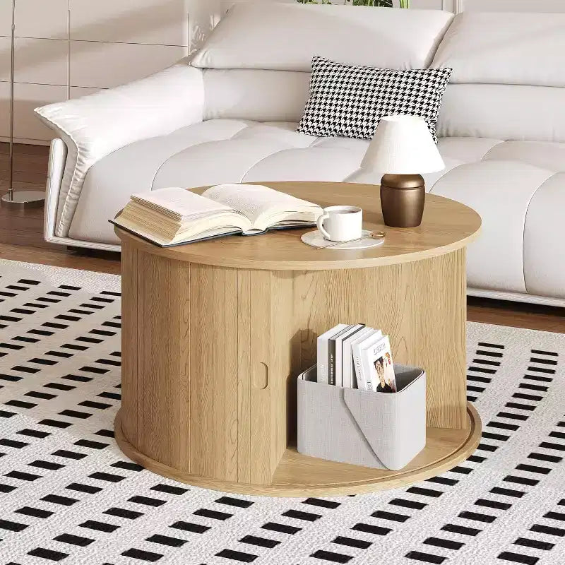 Mesa de centro redonda moderna de madera acanalada de 28, con almacenamiento, puerta corrediza curva, estante abierto, mesa auxiliar que ahorra espacio para sala de estar
