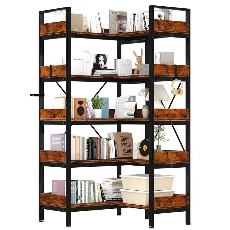 65 L-Shaped Corner Bookshelf, 5-Tier Industrial Bookcase with Open Wood Shelves & Metal Frame, Space-Saving Storage for Home Office & Bedroom