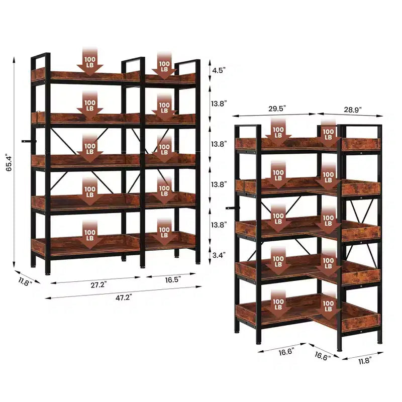 Bibliothèque d’angle en L de 65 pouces, étagère industrielle à 5 niveaux avec tablettes ouvertes en bois et cadre en métal, rangement peu encombrant pour le bureau à domicile et la chambre