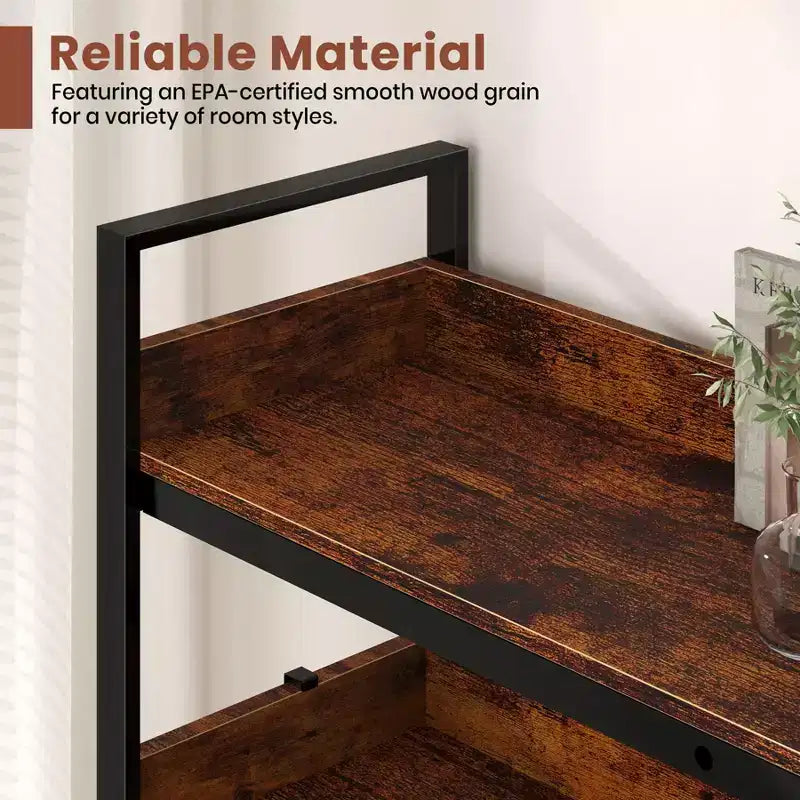 Bibliothèque d’angle en L de 65 pouces, étagère industrielle à 5 niveaux avec tablettes ouvertes en bois et cadre en métal, rangement peu encombrant pour le bureau à domicile et la chambre