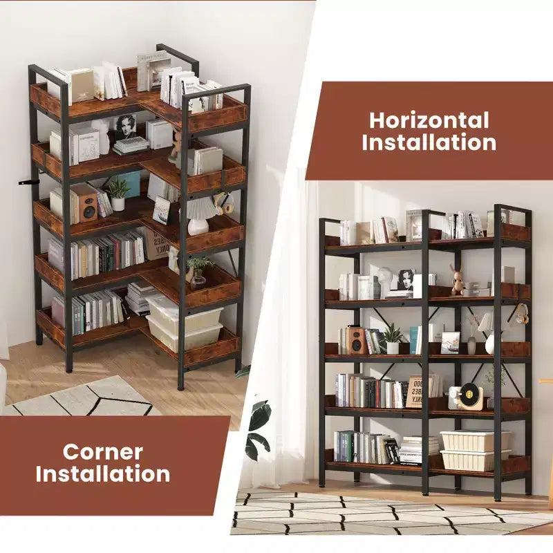 Bibliothèque d’angle en L de 65 pouces, étagère industrielle à 5 niveaux avec tablettes ouvertes en bois et cadre en métal, rangement peu encombrant pour le bureau à domicile et la chambre