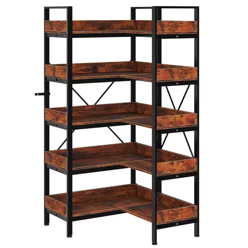 Bibliothèque d’angle en L de 65 pouces, étagère industrielle à 5 niveaux avec tablettes ouvertes en bois et cadre en métal, rangement peu encombrant pour le bureau à domicile et la chambre