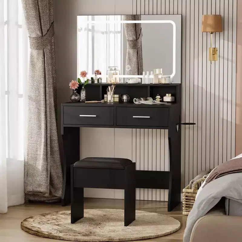 Juego de tocador con espejo LED de 31.5 y luces, mesa de maquillaje con 2 cajones, taburete, toma de corriente, 3 modos de iluminación de color, para dormitorio, negro