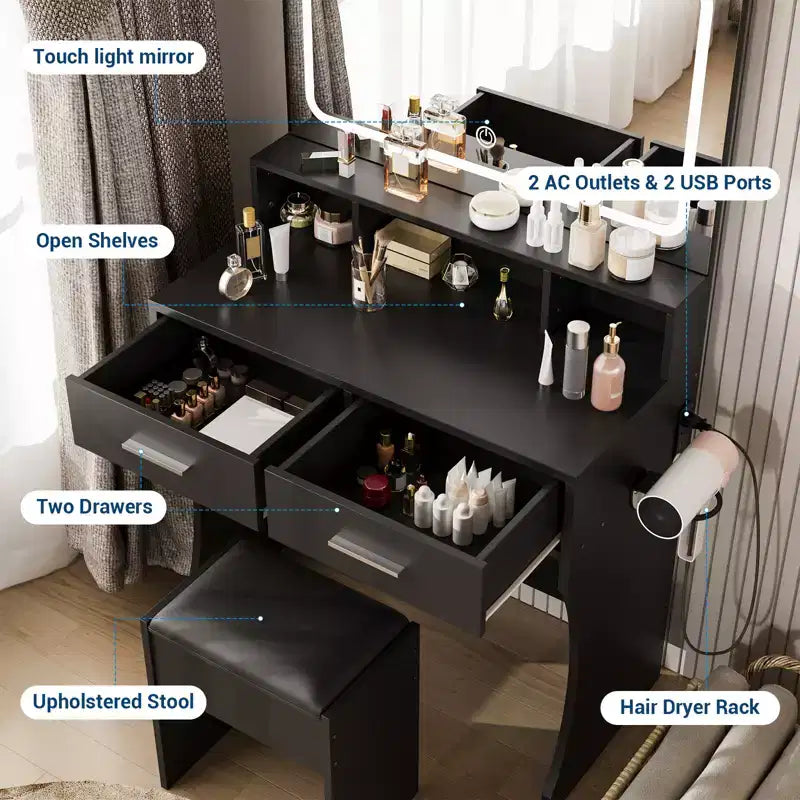 Juego de tocador con espejo LED de 31.5 y luces, mesa de maquillaje con 2 cajones, taburete, toma de corriente, 3 modos de iluminación de color, para dormitorio, negro